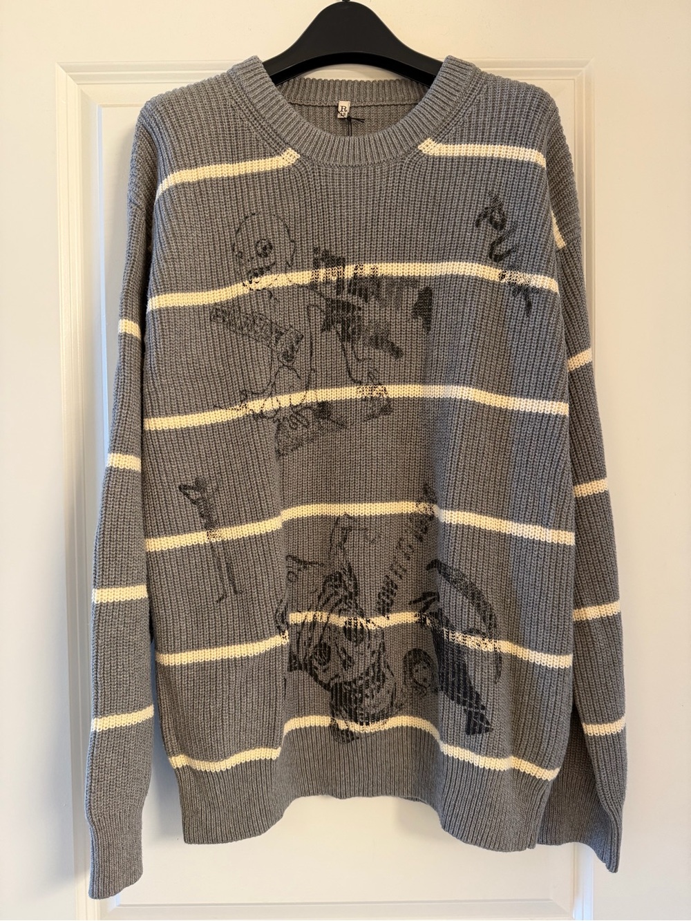 R13 Gray and White Striped Crewneck Sweater with Black Graphic - Picture 1 of 5